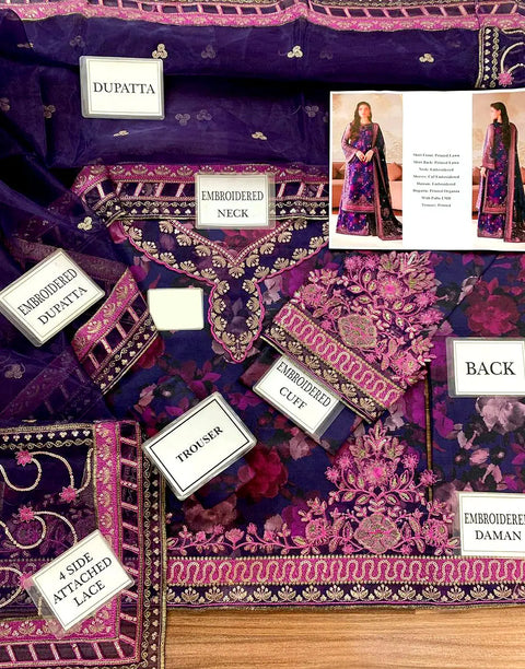 Luxurious Embroidered EID Lawn Dress with Emb. Organza Dupatta