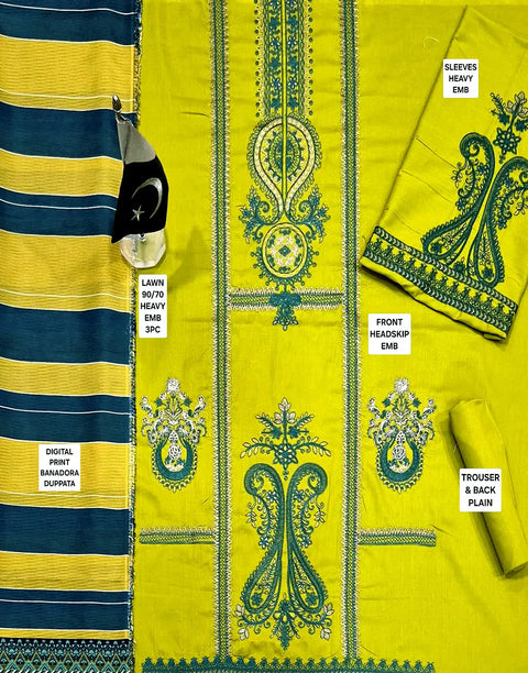 Heavy Embroidered Olive Green Lawn Dress with Printed Bana Dora Dupatta