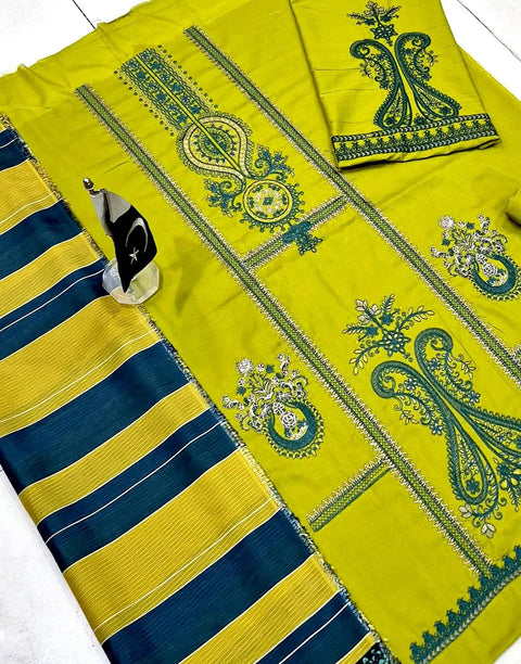 Heavy Embroidered Olive Green Lawn Dress with Printed Bana Dora Dupatta