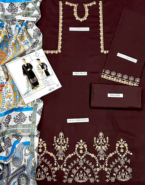 Decent Embroidered EID Lawn Dress with Printed Diamond Dupatta