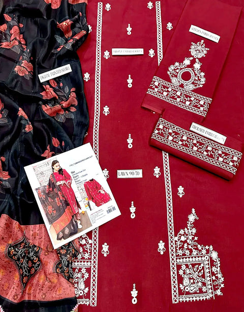 Elegant Embroidered EID Red Lawn Dress with Printed Diamond Dupatta