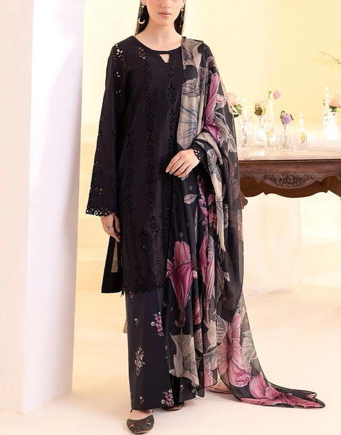 Heavy Chikankari Embroidered Black Lawn Dress with Printed Silk Dupatta