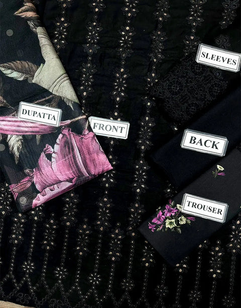 Heavy Chikankari Embroidered Black Lawn Dress with Printed Silk Dupatta