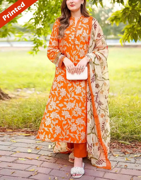 Elegant 3-Piece Printed Lawn Dress for Girls with Soft Chiffon Dupatta