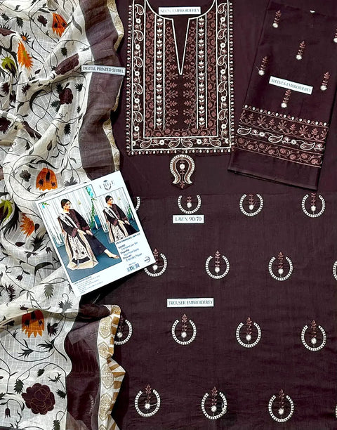 Elegant Embroidered EID Lawn Suit Design with Printed Diamond Dupatta