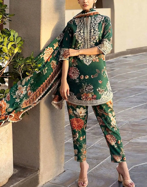 All-Over Print Embroidered Bottle Green Lawn Dress with Emb. Chiffon Dupatta