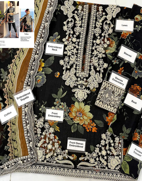 All-Over Print Embroidered Black Lawn Suit with Emb. Chiffon Dupatta