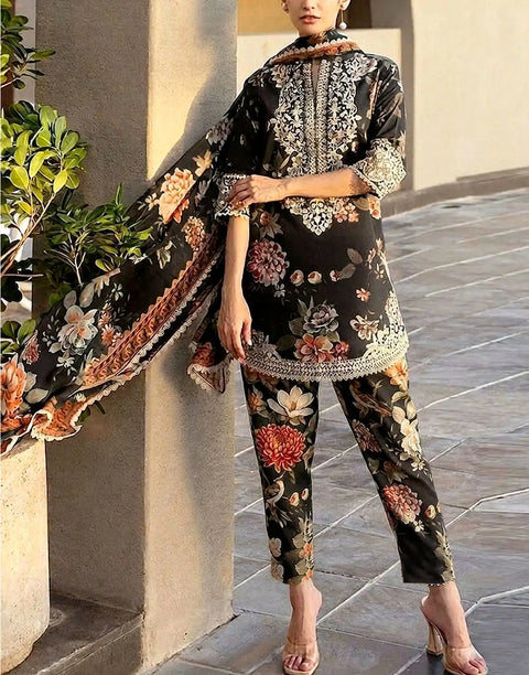 All-Over Print Embroidered Black Lawn Suit with Emb. Chiffon Dupatta