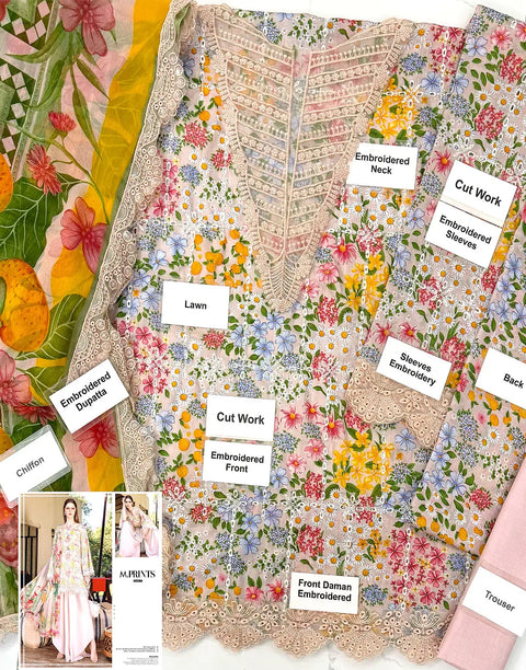 Heavy Schiffli Embroidered Lawn Suit for Girls with Emb. Chiffon Dupatta