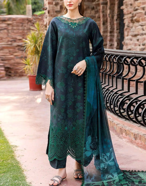 All-Over Print Schiffli Embroidered Lawn Dress with Emb. Chiffon Dupatta