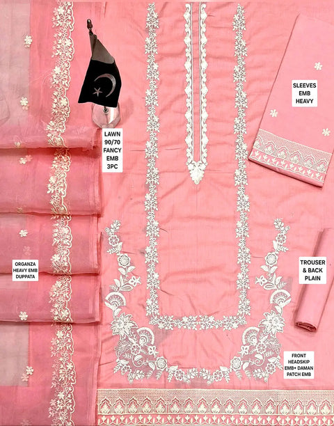 Elegant Heavy Embroidered Lawn Dress with Emb. Organza Dupatta