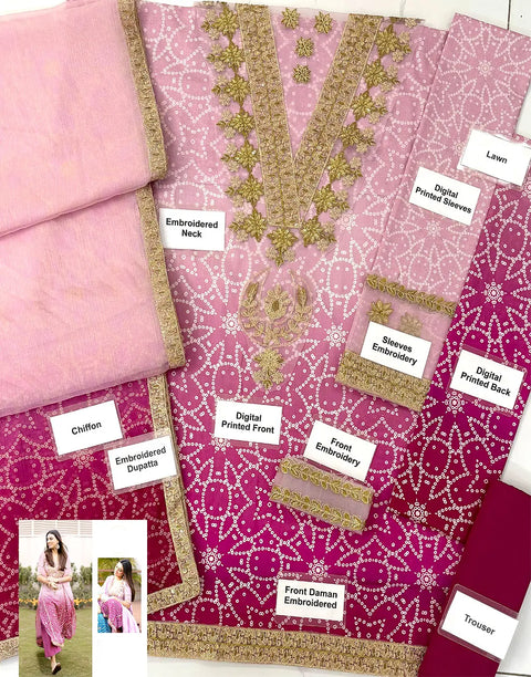 Digital Chunri Print Embroidered Ombre Lawn Dress Design with Chiffon Dupatta