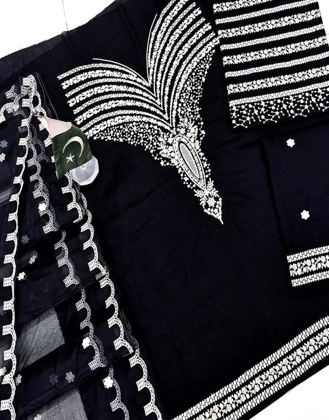 Trendy Embroidered Black Lawn Dress Design with Emb. Organza Dupatta