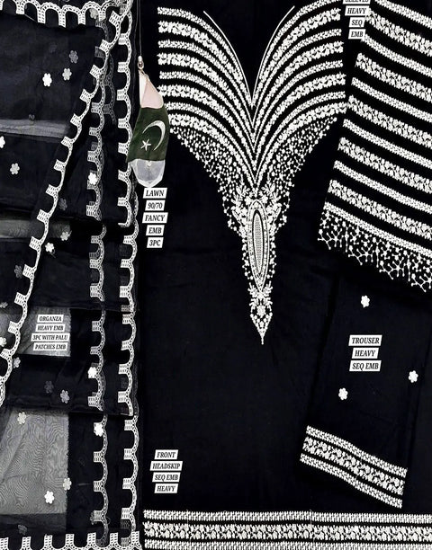 Trendy Embroidered Black Lawn Dress Design with Emb. Organza Dupatta