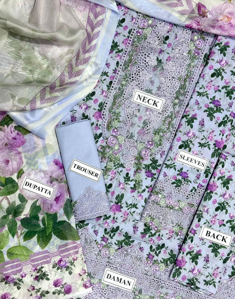 Trendy Schiffli Embroidered Lawn Dress Design with Printed Silk Dupatta