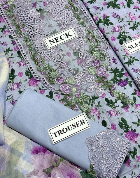 Trendy Schiffli Embroidered Lawn Dress Design with Printed Silk Dupatta