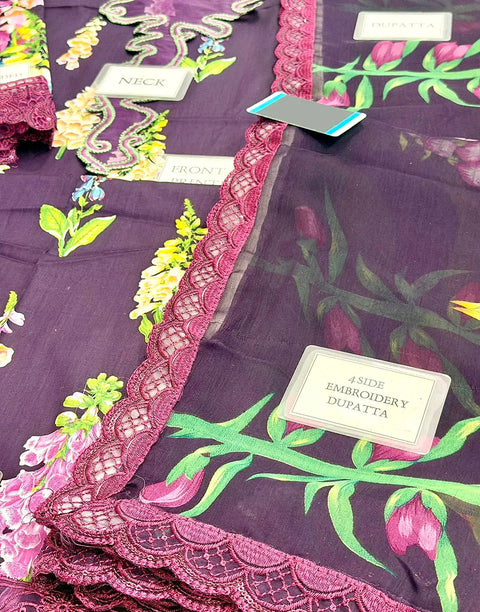 All-Over Print Embroidered Lawn Dress Design with Emb. Chiffon Dupatta