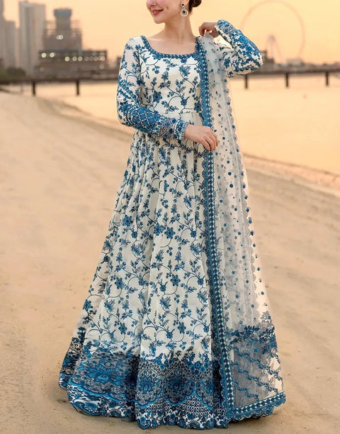 Luxury Embroidered Lawn Maxi Dress with Emb. NET Dupattta - Most Hit 2026 Design
