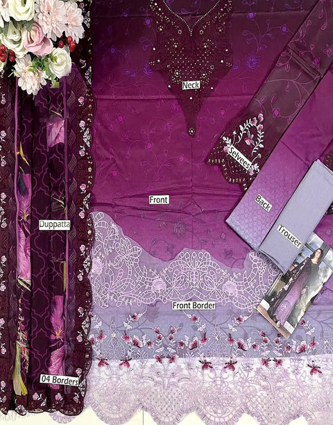 Trendy Ombre Embroidered Purple Lawn Dress with 4-Side Embroidery Chiffon Dupatta