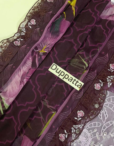 Trendy Ombre Embroidered Purple Lawn Dress with 4-Side Embroidery Chiffon Dupatta