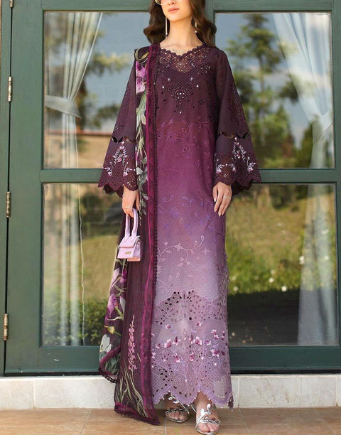 Trendy Ombre Embroidered Purple Lawn Dress with 4-Side Embroidery Chiffon Dupatta