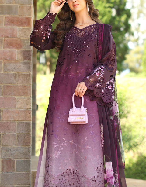 Trendy Ombre Embroidered Purple Lawn Dress with 4-Side Embroidery Chiffon Dupatta