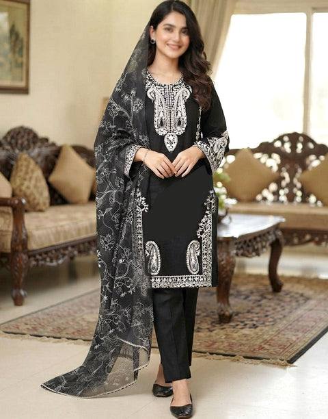 Elegant 3-Piece Embroidered Black Lawn Dress with Emb. Chiffon Dupatta
