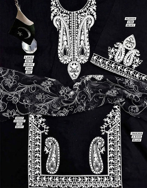Elegant 3-Piece Embroidered Black Lawn Dress with Emb. Chiffon Dupatta