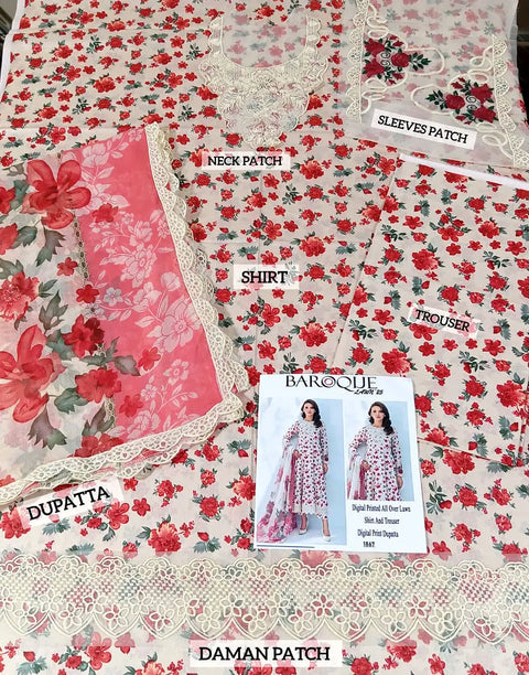 All-Over Floral Print Embroidered Lawn Dress with 4-Side Emb. Chiffon Dupatta