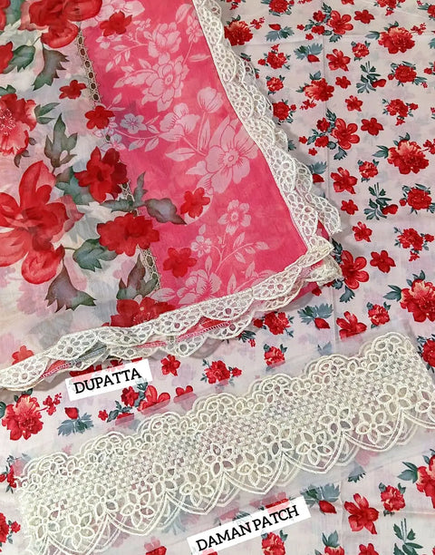 All-Over Floral Print Embroidered Lawn Dress with 4-Side Emb. Chiffon Dupatta