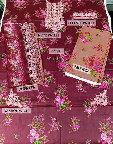 All-Over Print Maroon Embroidered Lawn Dress — An Eid & Party Wear Outfit