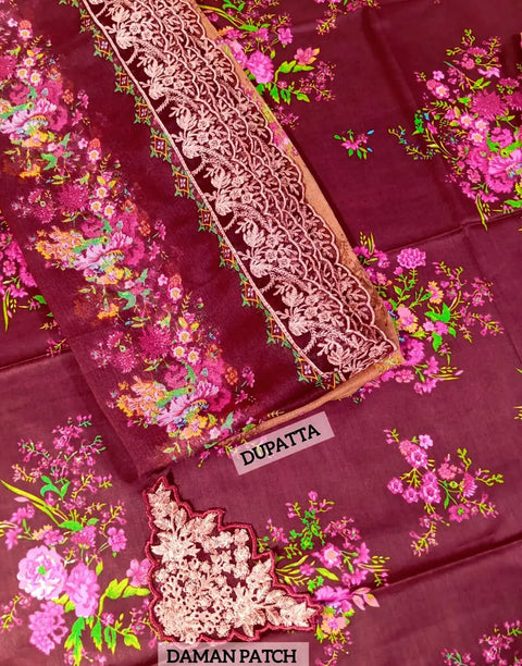 All-Over Print Maroon Embroidered Lawn Dress — An Eid & Party Wear Outfit