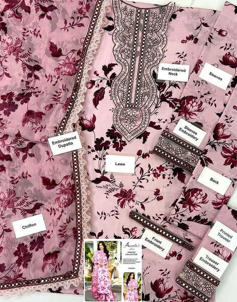 Aneela's All-Over Print 9mm Sequins Embroidered Lawn Dress with 4-Side Emb. Chiffon Dupatta