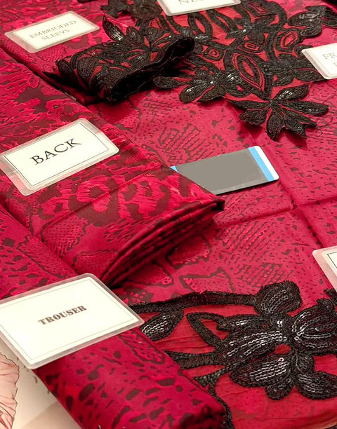 Trendy All-Over Print Sequins Embroidered Red Lawn Dress with Emb. Chiffon Dupatta