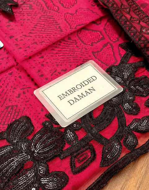 Trendy All-Over Print Sequins Embroidered Red Lawn Dress with Emb. Chiffon Dupatta