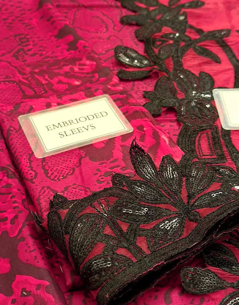 Trendy All-Over Print Sequins Embroidered Red Lawn Dress with Emb. Chiffon Dupatta