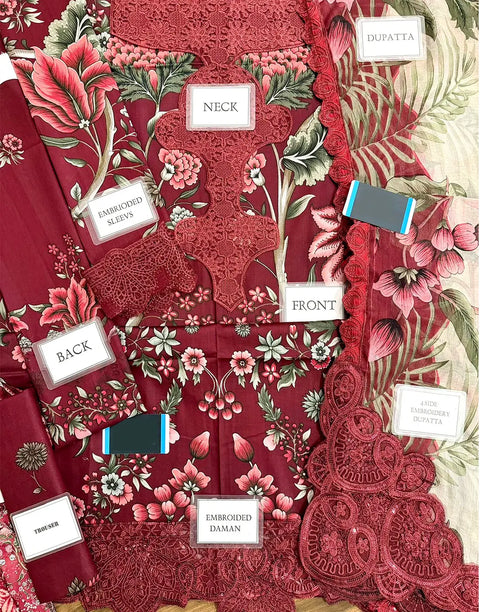 All-Over Floral Print Embroidered Maroon Lawn Dress for EID and Formal Party Wear