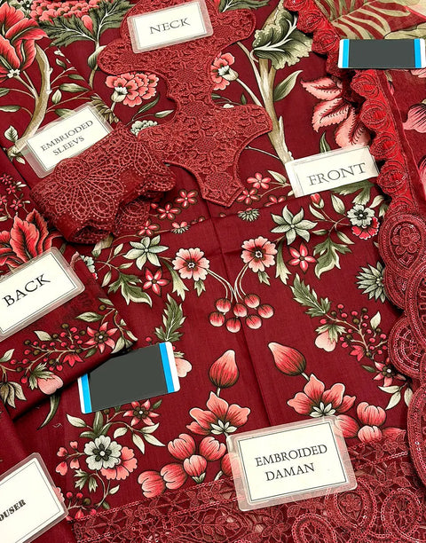 All-Over Floral Print Embroidered Maroon Lawn Dress for EID and Formal Party Wear