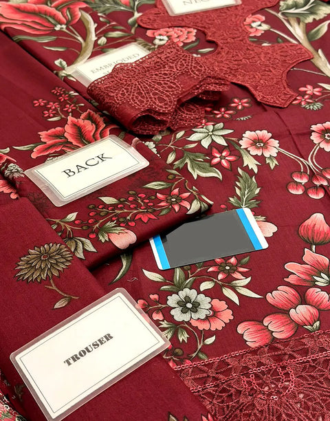 All-Over Floral Print Embroidered Maroon Lawn Dress for EID and Formal Party Wear