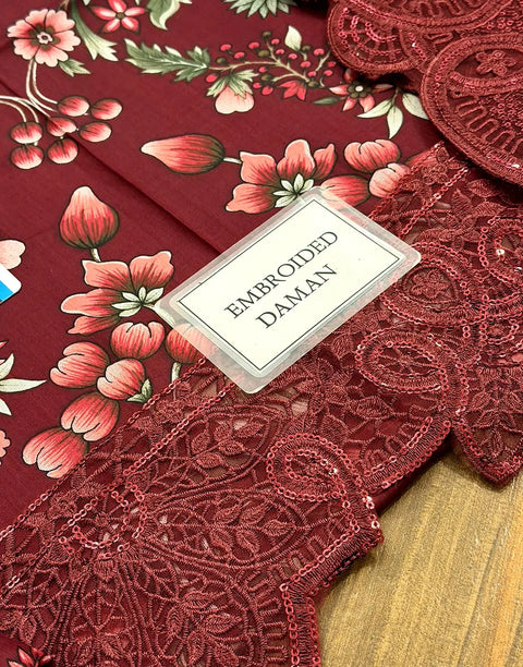 All-Over Floral Print Embroidered Maroon Lawn Dress for EID and Formal Party Wear
