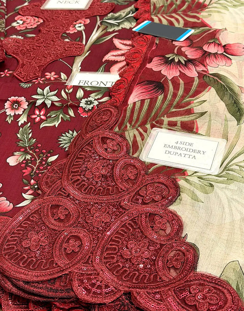 All-Over Floral Print Embroidered Maroon Lawn Dress for EID and Formal Party Wear