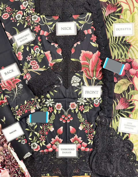 All-Over Floral Print Embroidered Black Lawn Dress for EID and Formal Party Wear