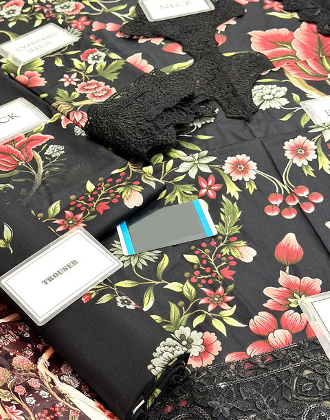 All-Over Floral Print Embroidered Black Lawn Dress for EID and Formal Party Wear