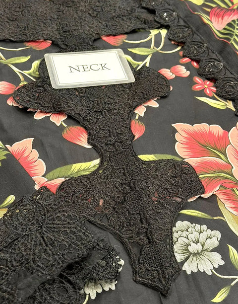 All-Over Floral Print Embroidered Black Lawn Dress for EID and Formal Party Wear