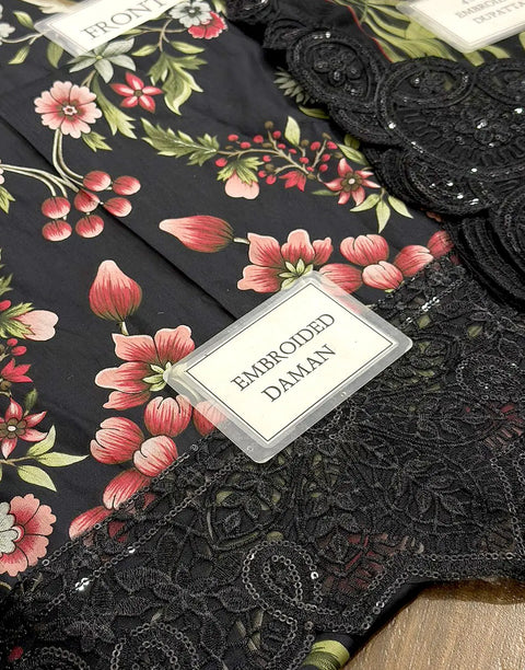 All-Over Floral Print Embroidered Black Lawn Dress for EID and Formal Party Wear