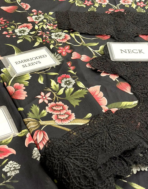 All-Over Floral Print Embroidered Black Lawn Dress for EID and Formal Party Wear