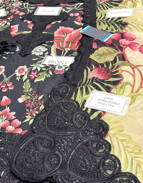 All-Over Floral Print Embroidered Black Lawn Dress for EID and Formal Party Wear