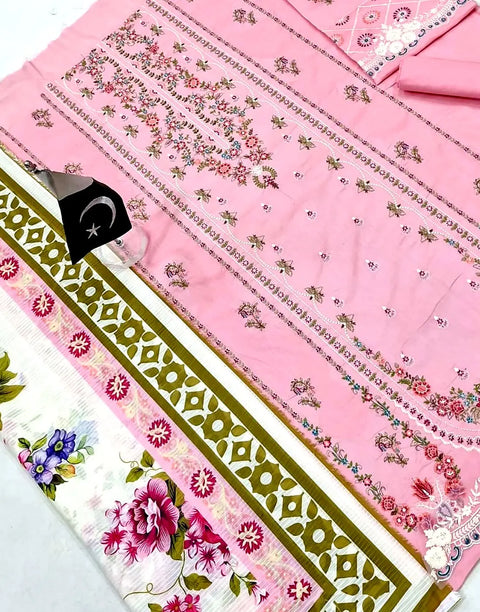 Heavy Embroidered Pink Lawn Dress with Digital Print Bana Dora Dupatta