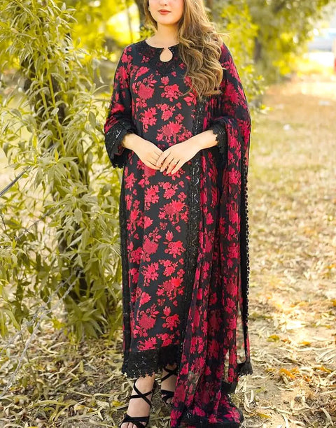 Aneela's All-Over Print Black Embroidered EID Lawn Dress with 4-Side Emb. Chiffon Dupatta