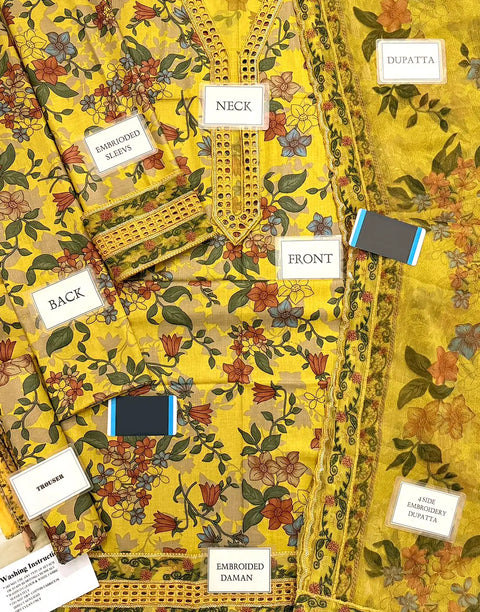 All-Over Print Embroidered Mustard Yellow Lawn Dress for EID & Formal Party Wear
